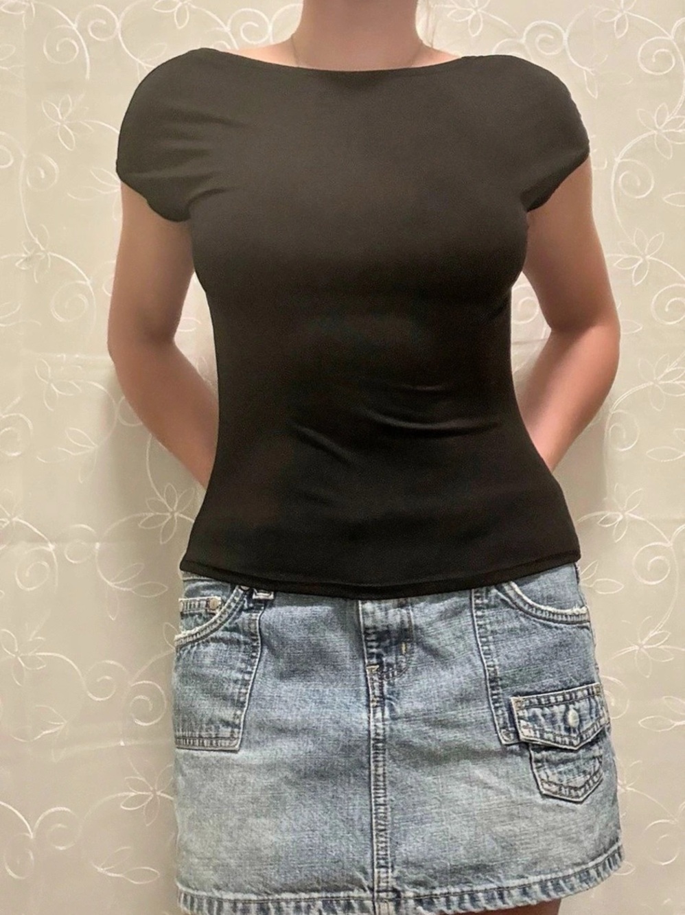 Black Open Back Short Sleeve Top Approx Size S/M